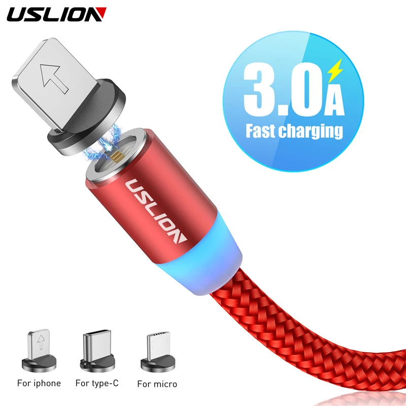 

USLION Fast Charging Magnet USB Micro Cable 1M 3A Type C Cable Type-C LED For Samsung S10 S9 Magnetic Charger For Iphone XS 7 XR