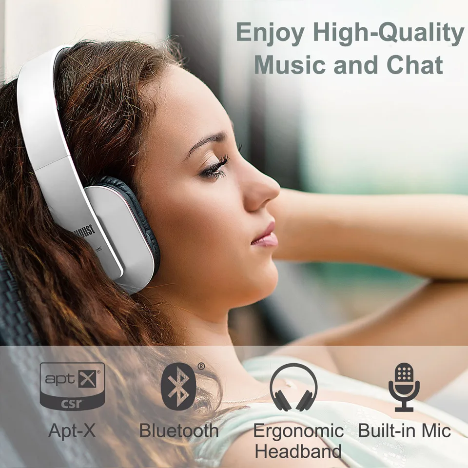 August EP650 Wireless Bluetotoh Headphones with aptX White