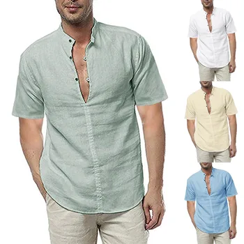 Shirt Men's Baggy Cotton Linen Pocket Solid Long Sleeve Retro Shirts Tops Blouse Camisa Hombre Manga Corta Men Dress Shirt