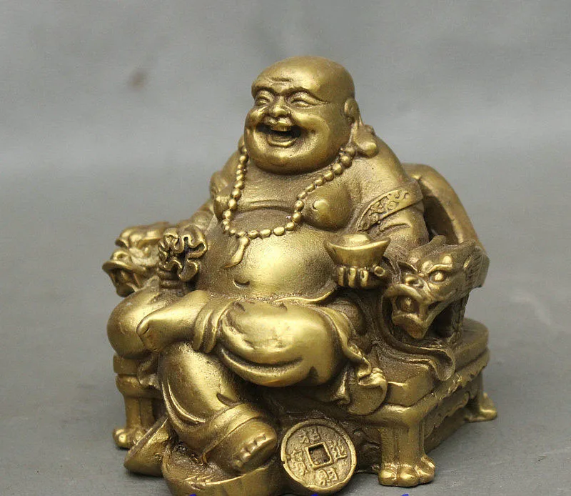 Chinese Brass Sit Dragon Chair Happy Laughing Maitreya Buddha Statue Figurine