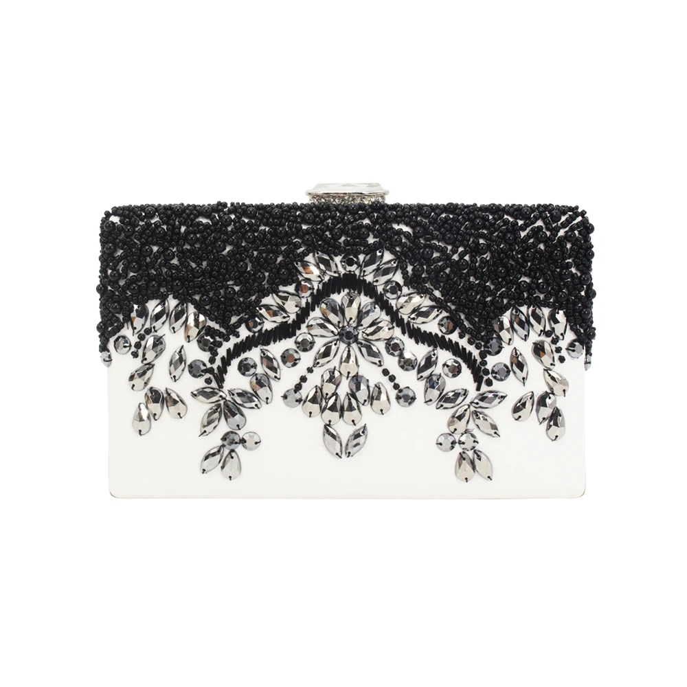 

exquisite embroidery evening bags silver rhinestone black bead PU leather clutch bags for woman lady girl female