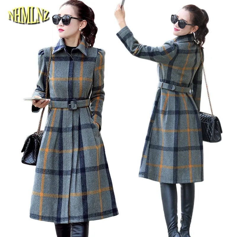 

2019 New Winter Women Woolen jacket Long sleeve Plaid Medium long Slim Fashion Puff Sleeve Women Coat Elegant Comfortable WUN528
