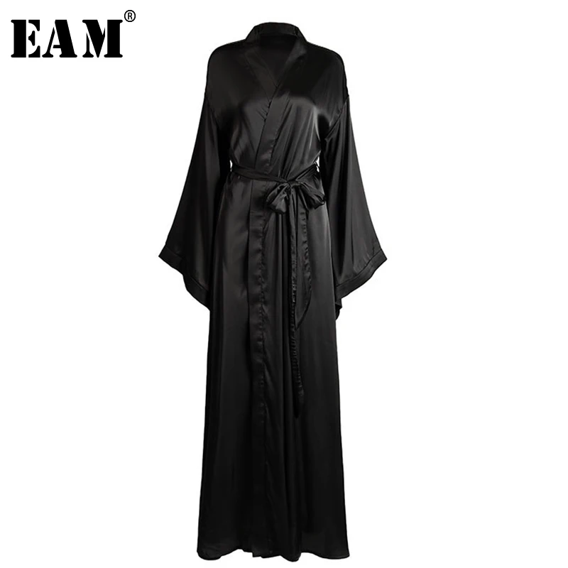 

[EAM] 2019 New Autumn Winter Long Sleeve Bandage Belt Irregular Thin Personality Temperament Long Dress Women Fashion Tide JX735
