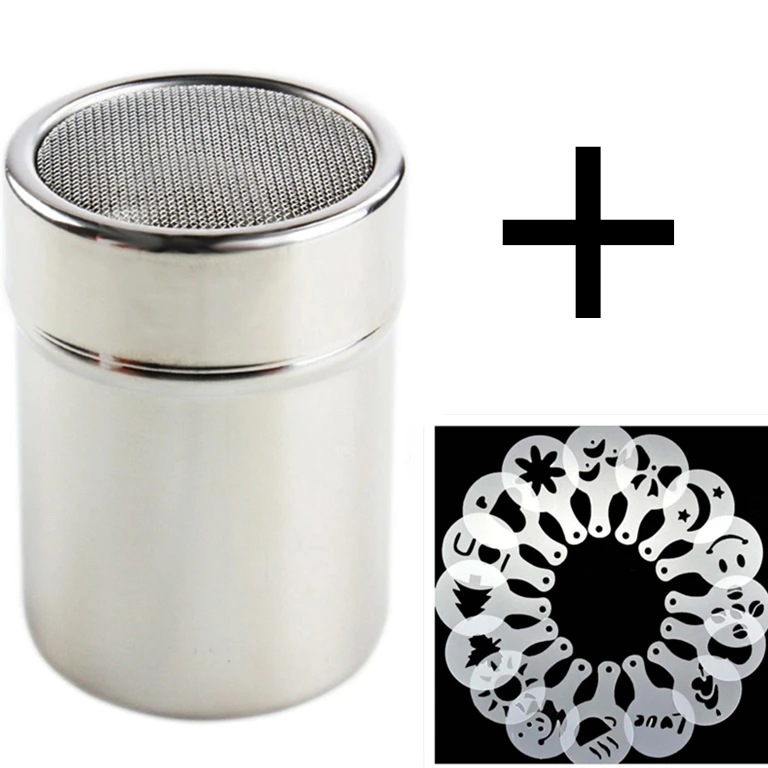 Stainless Steel Chocolate Shaker Cocoa Flour Coffee Sifter 16Pcs Stencils Template Strew Pad Duster Spray huismerk kopen in de aanbieding Stainless Steel Chocolate Shaker Cocoa Flour Coffee Sifter 16Pcs Stencils Template Strew Pad Duster Spray huismerk kopen in de aanbieding