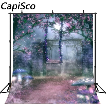 

Capisco Fairy Tale Garden Photography Backdrops Children Backgrounds Photo Studio Mushrooms Swing Flowers Photo Background