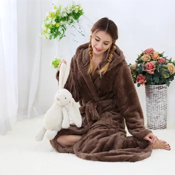 

Robe For Women Winter Long sleeve nightshirt Coral fleece Nightgown Women Sleep Lounge Long Robes with hat