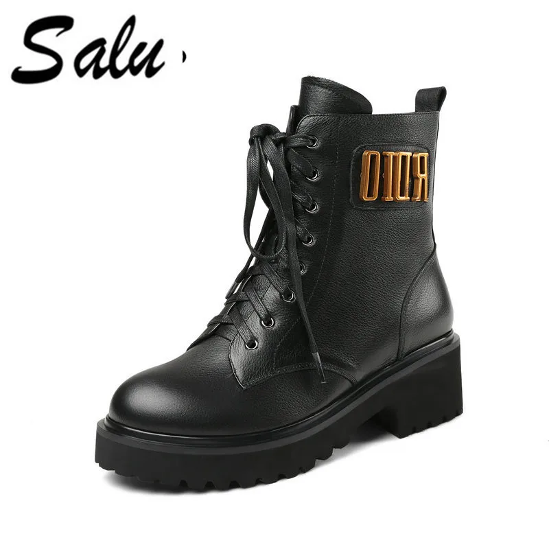 

Salu women boots natural leather thick high heel lace-up shoe boots genuine leather shoes square toe ankle boots