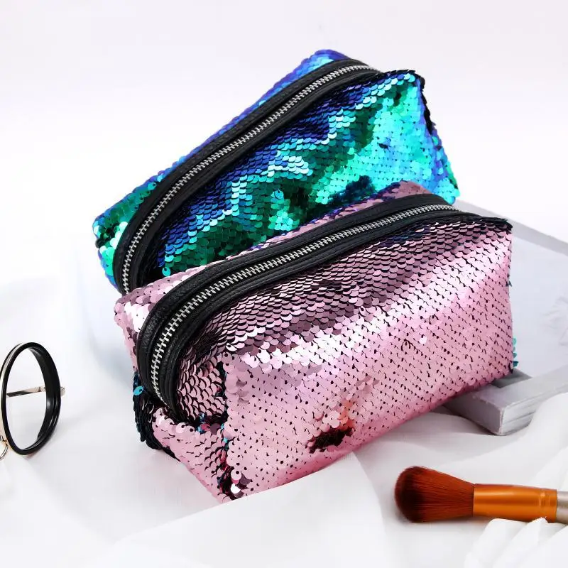 التجميل حقيبة الفتيات الفتيان قلم رصاص أكياس للجنسين الأزياء عالية الجودة مزدوجة اللون ماكياج الحقيبة النساء الرجال الترتر قلم رصاص أكياس