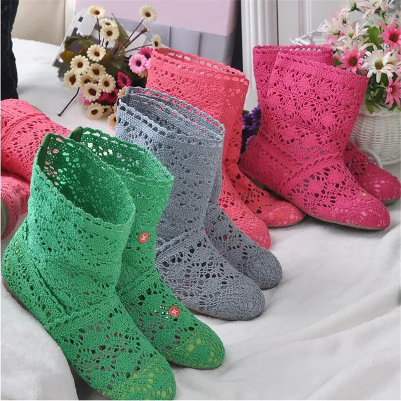 Femininas de Malha Botas de Malha de Fundo Botas de Renda Primavera e Outono Sapatos com Calçados Oca para Primavera e Outono Botas Plano Tubo Alto Baixo Femininas Respiráveis 2021 - 2 Botas de cano médio