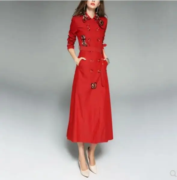 S-4XL, новинка, год, длинный Тренч, пальто для женщин, отложной воротник, со стразами, ветровка, для офиса, леди, Европейский стиль, пояс, верхняя одежда, пальто - Цвет: Красный