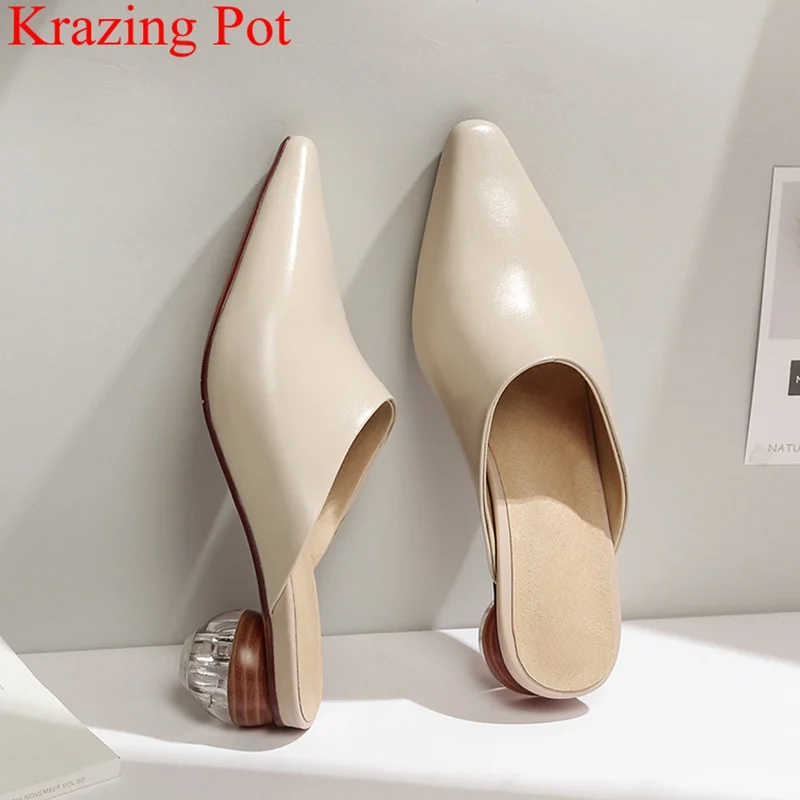 

new arrival genuine leather concise strange style solid round toe med heel women pumps slip on slingback mules summer shoes L7f3