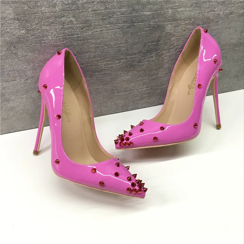 

Fashion Explosion European Women's Pumps Super High Heels 10cm Patent Leather Thin Heels Shoes Shallow Rivet Lady Single Shoes
