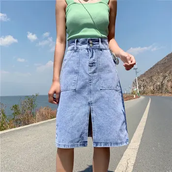 

HziriP 2019 New Summer Fork Stylish Sweet Simple Loose Denim Hot High Waist Jean Women High Quality Female A-Line Long Skirts