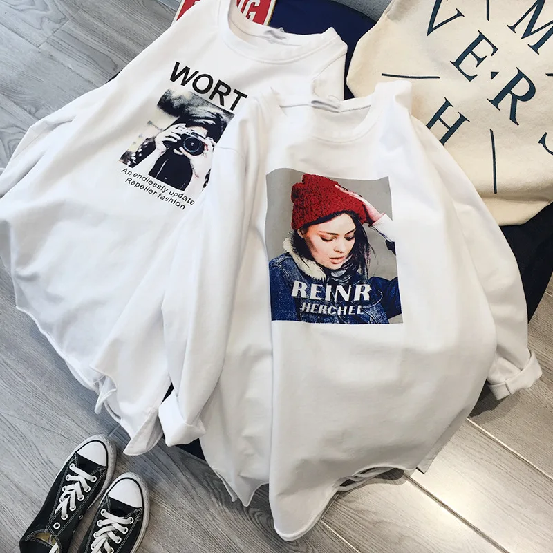 

Vintage Graphic Print T Shirt Women Clothes 2019 Autumn Streetwear Pure Cotton Long Sleeve Aesthetic Holes White Tshirt Tops