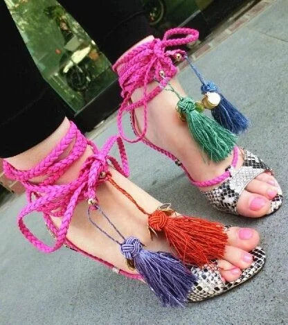 

2018 Fashion Braid Straps Women Sexy Lace Up Sandals Python Leather Ladies Peep Toe High Heels Summer Fringe Party Shoes Size 41