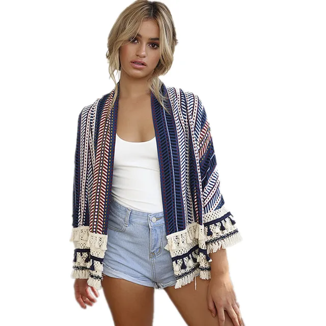 Bohemian Kimono Jacket Outwear Print Boho Tassel Tops Loose Cardigan