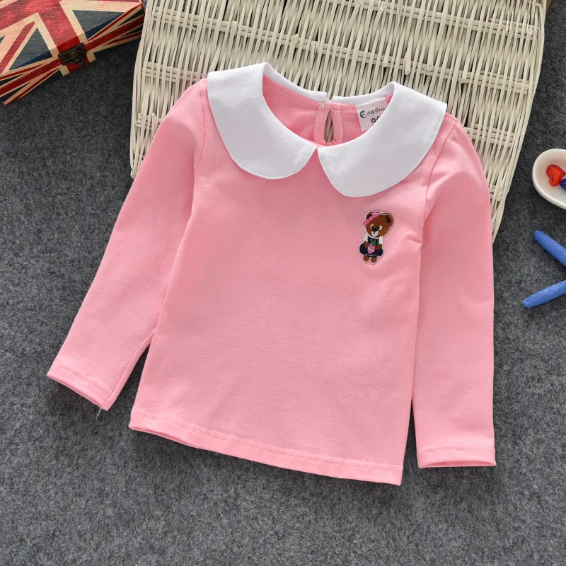 Весна, новая Корейская хлопковая футболка с длинными рукавами и вышивкой для девочек, Милая футболка с кукольным воротником, топы для детей 0-6 лет - Цвет: 6