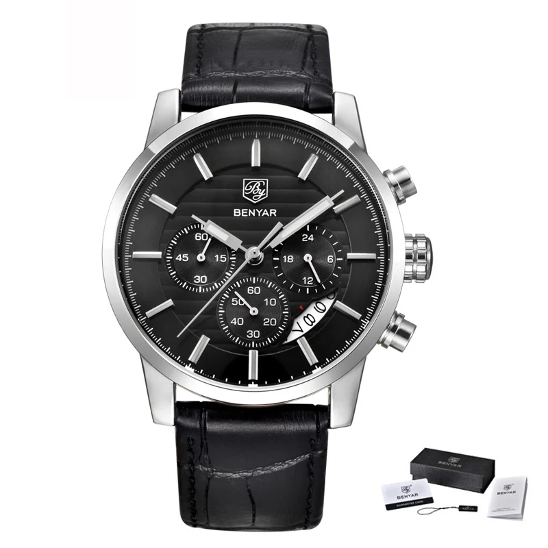 BENYAR montre hommes Топ люкс Марка Кварц Спорт montres hommes режим аналог cuir mâle ETANCHE montre-браслет reloj hombre - Цвет: L silver black B