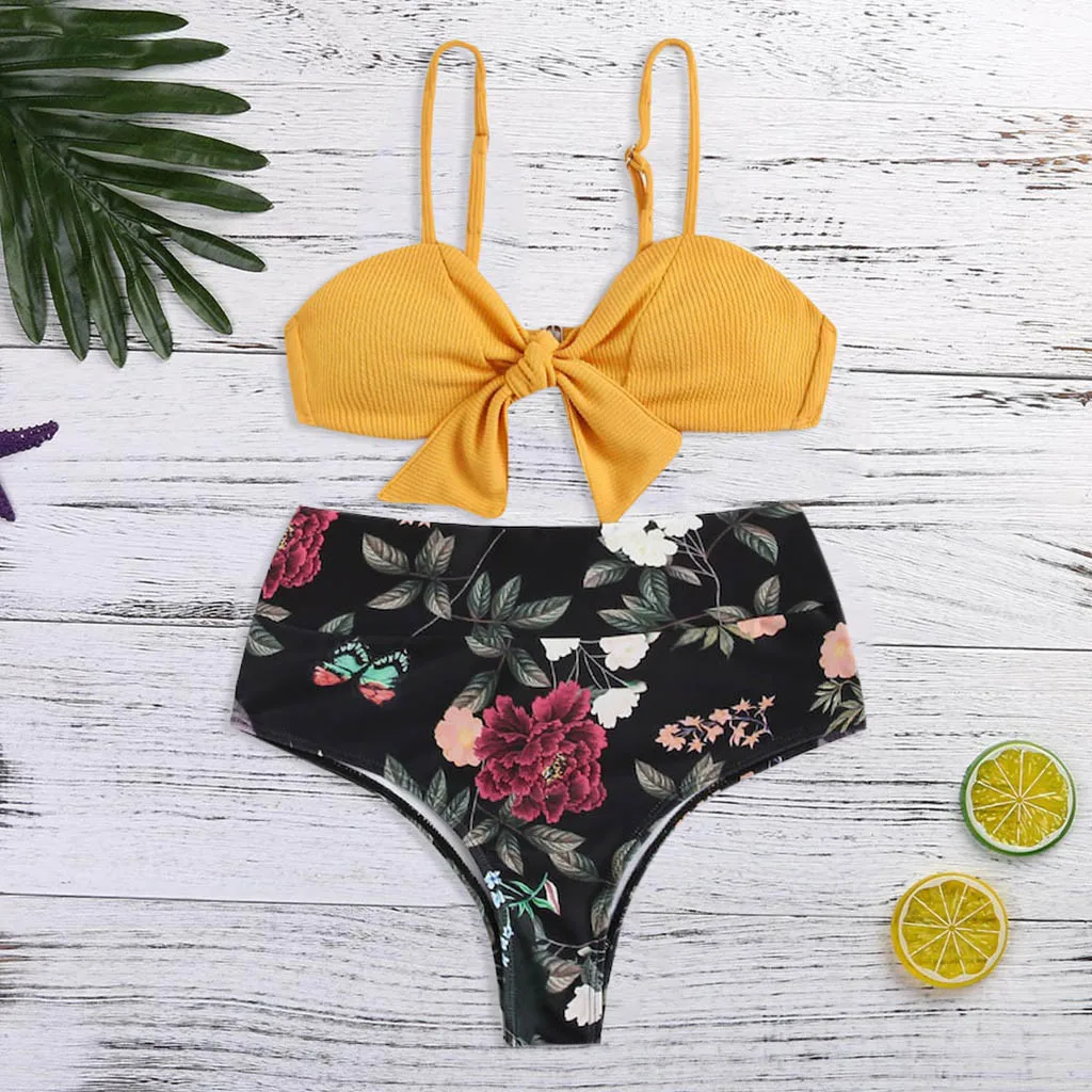 

Bikinis 2019 Mujer Push Up Swimwear Women Ruffle Top Bowknot Print Set Push Up Two Pieces Bikini Swimsuit Swimwear Beachwear