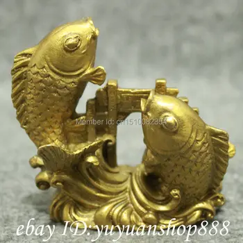 

Chinese Pure Brass Carved Wealth JiXiang 2 Fish Statue Yu Yue Long Men Figurine