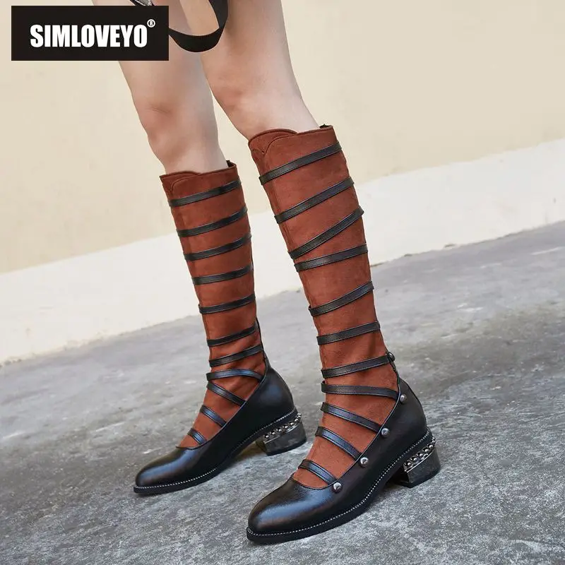 

SIMLOVEYO Thigh high boots Round Toe knee high Boots zipper Med Heel casual Boots Solid plus size Flock Botas Feminina B1101