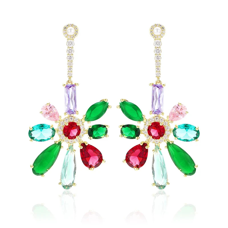 

XIUMEIYIZU New Trendy Multicolor Luxury Zircon Flowers Pendant Drop Earrings Women Wedding Party Jewelery