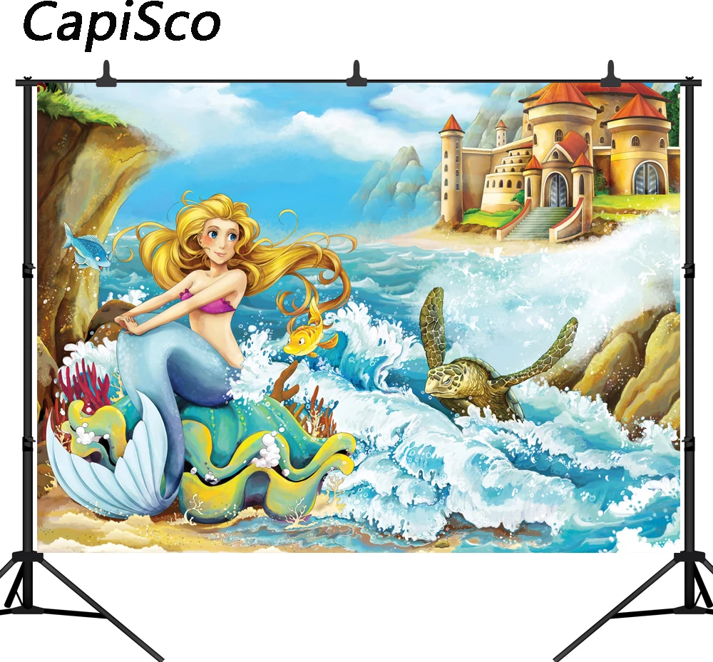 

Capisco photographic background Cartoon Ocean Shell fish Sea turtle Castle child Birthday Photo mermaid backdrops photophone