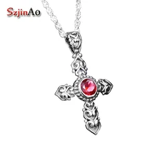 Szjinao Панк Мода ретро романтическая женщина Настоящее серебро 925 пробы Крест Рубин кулон резьба декоративный узор