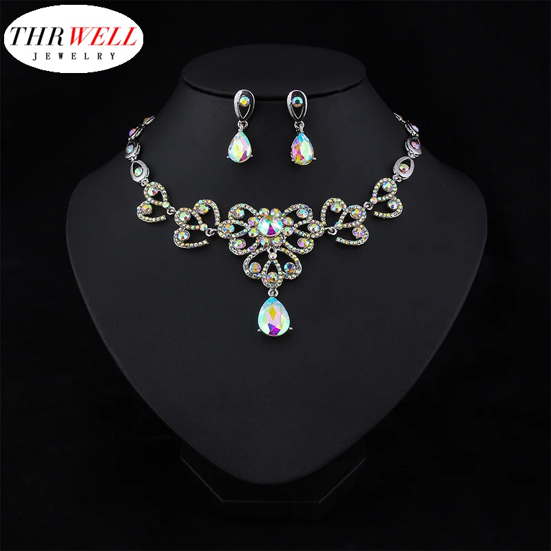 

THRWELL Bride Jewelry Set for Women Big Long Earrings Necklace Sets Pendant Crystal Rhinestone Wedding Supplies