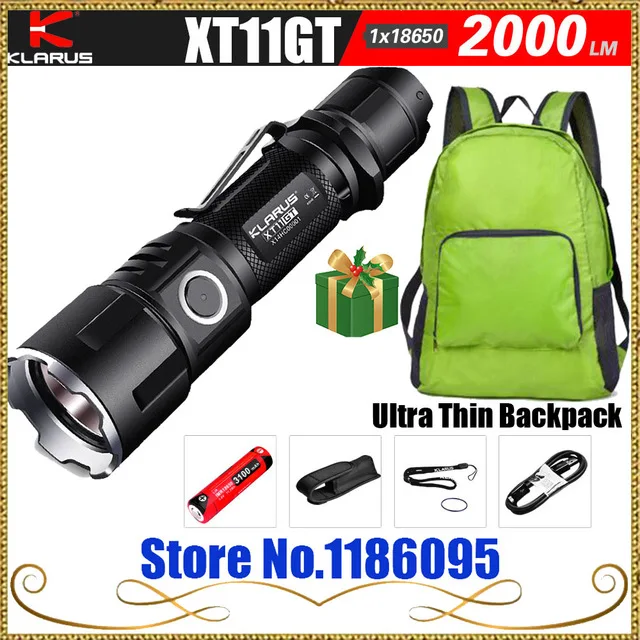 

KLARUS XT11GT CREE XHP35 HD E4 LED 2000 Lumen Tactical Flashlight USB charging by 3100 mAh 18650 battery+Ultra Thin Backpack