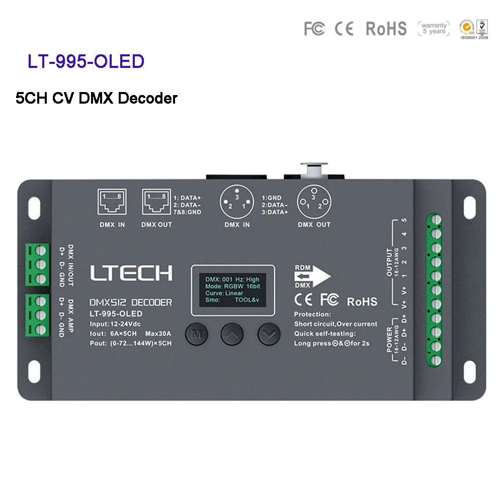

LTECH LT-995-OLED DC12V-24V 6A*5CH Max 30A 720W output RGB/RGBW CV Led DMX Decoder controller XLR-3/RJ45 Connector OLED screen