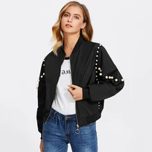 Europe And America Fashion New Women’s Spring Jacket Pearl Long Sleeve Loose Basic Baseball Outwear Jackets Casual Ladies Jacket