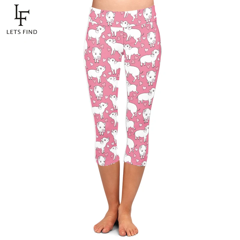LETSFIND Women Capris Leggings Cartoon Pig Printed Pink Leggings Fashion Milk Silk Mid-Calf High Waist Pants Summer LETSFIND Women Capris Leggings Cartoon Pig Printed Pink Leggings Fashion Milk Silk Mid-Calf High Waist Pants Summer