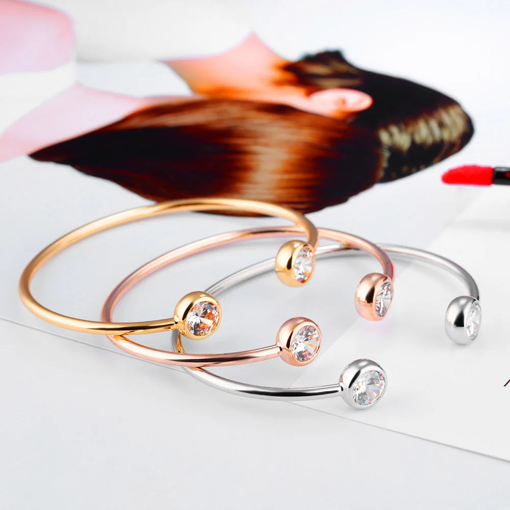 Titanium Stainless Steel Open Bangles Gold Plated Bezel Setting Cubic Zirconia Cuff Bracelet For Women Girl