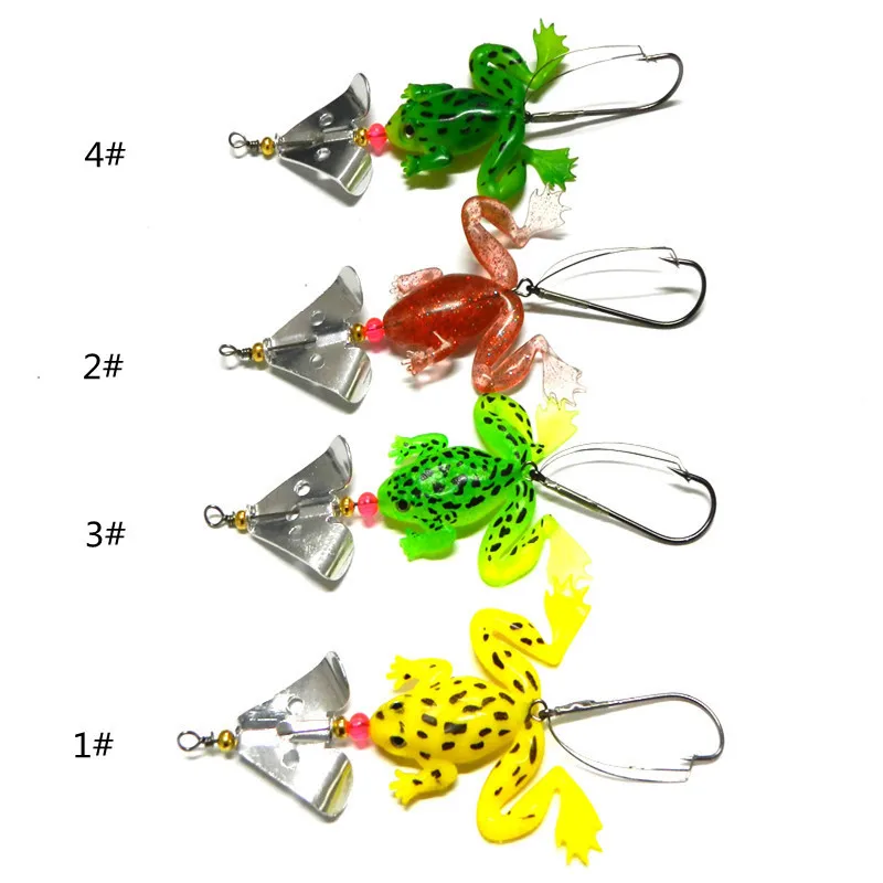

Vertvie 4pcs Frogs Fishing Lure Bait 6.2g Rubber Soft Frog Soft Fish Sequins Single Hook Environmental Fishing Bait Spoon Lures