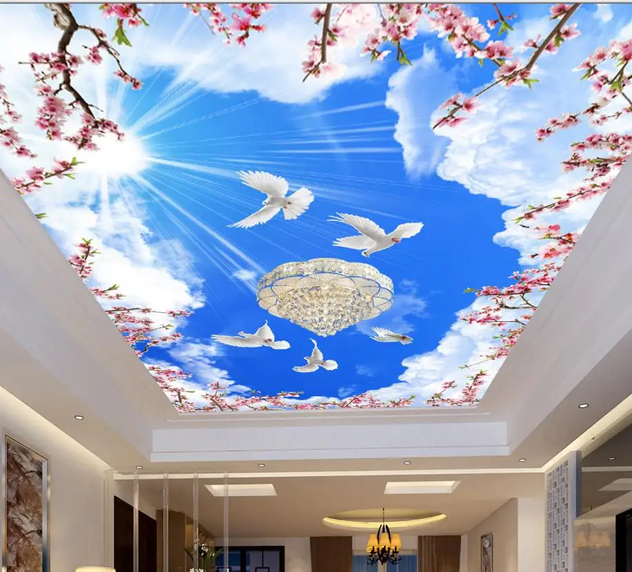 

3d ceiling print Blue and white flowers pigeons creative 3d stereoscopic wallpaper murals ceiling non-woven murals Ceiling roll