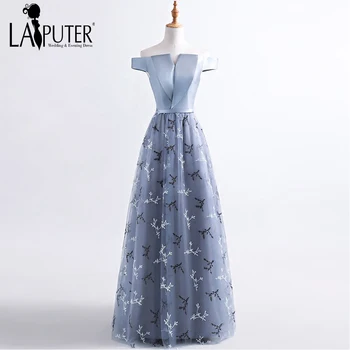 

2017 New Arrival Hot Selling Grey Black Lace Embroidery Off The Shoulder Long Elegant Bridesmaid Dresses Women Party Gown