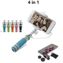 4in1 включают 3in1 клип Рыбий глаз Макро мобильного широкоугольный объектив с супер мини проводной палка для селфи Выдвижная стороны монопод
