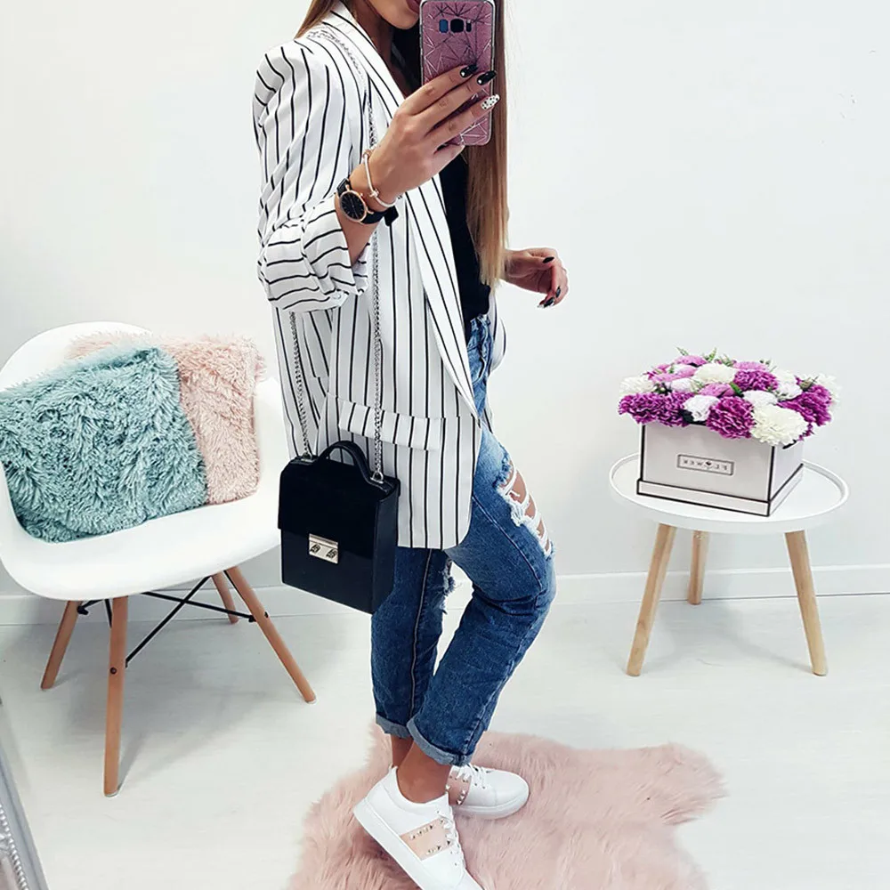 2018 Female New Fashion Stand Striped Coats Women Ladies Long Sleeve Striped Stylish Duster Jacket Coat high quality W510