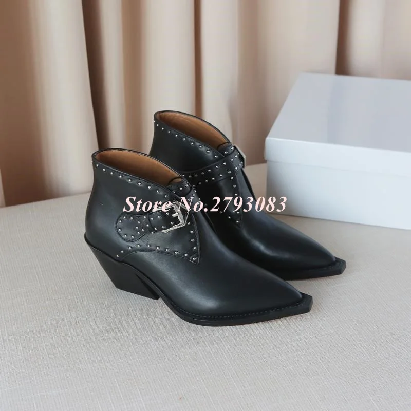

2019 Spring Studded Buckle Cowboy Ankle Boots Slanted Block Heel Pointed Toe Black Real Leather Rivet Short Booties Women