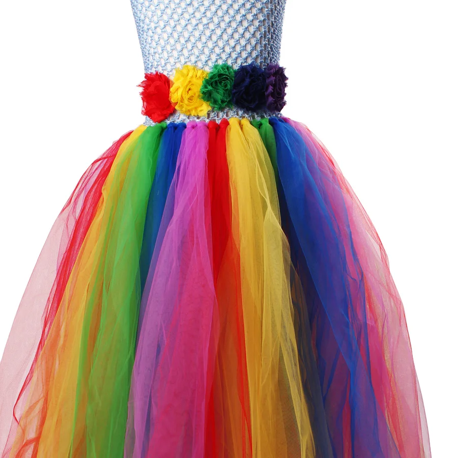 Shabby Flowers Girls Rainbow Tutu Dress Full Length Princess Tulle Dress Kids Birthday Party Ball Gowns Purim Xmas (4)