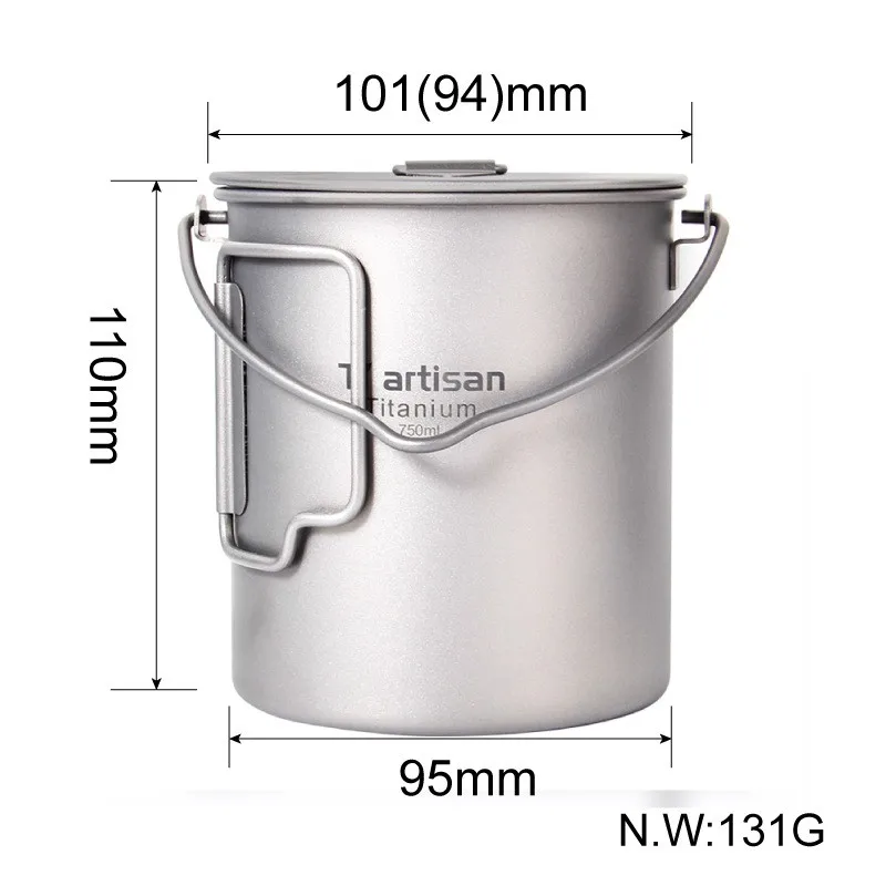 Outdoor pure titanium 750ml hanging pot folding handle travel camping cooking pot lunch box water cup with lid handle and hookup