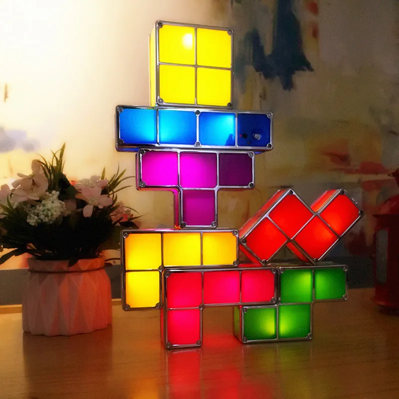 DIY тетрис Puzzle Light Stackable светодио дный LED Настольная лампа конструктор блок ночник Ретро игра башня Детские Красочные кирпичные игрушки