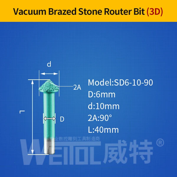 Weitol 6 мм/8 мм хвостовик пайки Камень Гравировка Биты мрамор резьба инструменты ЧПУ фрезы камень фрезы - Длина режущей кромки: SD6-10-90