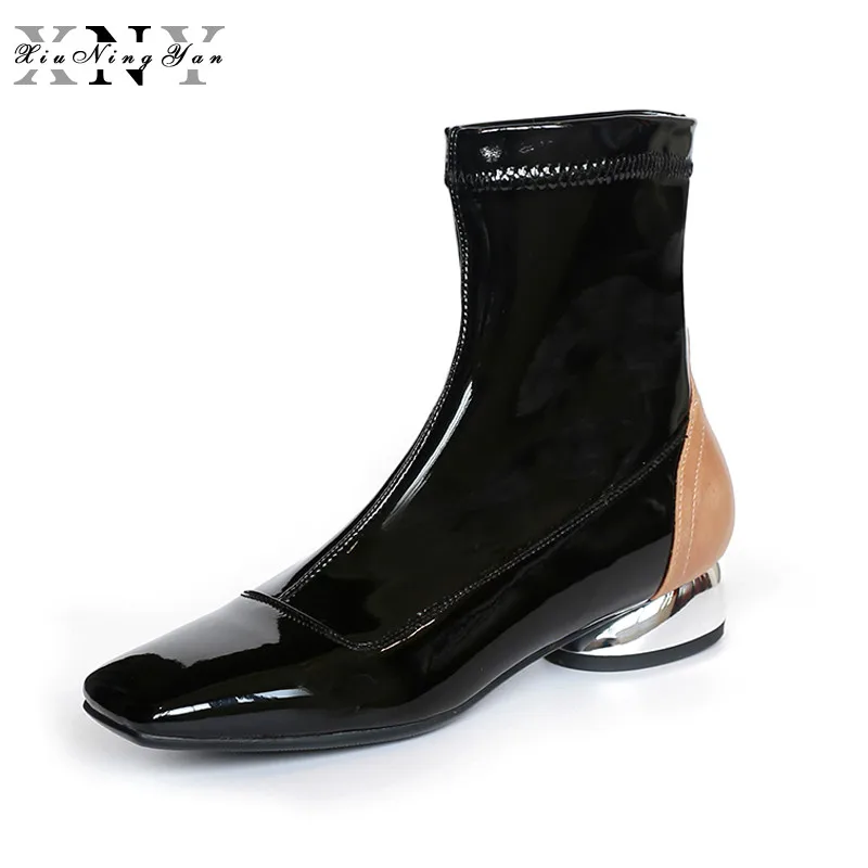 

XiuNingYan Autumn Boots for Women Mixed Color Women Ankle Boots Genuine Leather Strange Heel Square Toe Boots Women Winter Shoes