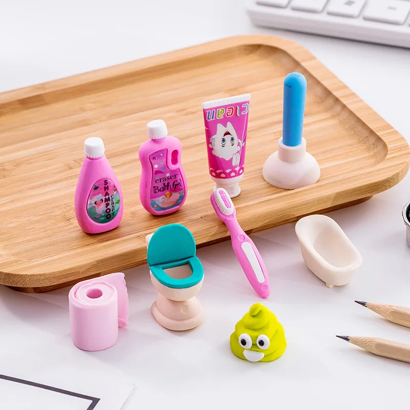 

1 Pcs Novelty Kawaii Bathroom Set Rubber Eraser School Stationery Kids Pencil Eraser Student Prizes Papelaria Funny Office Gift