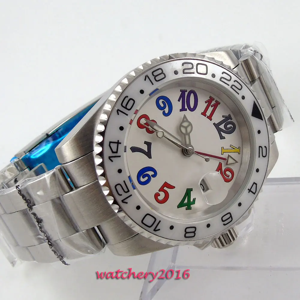 

40mm Bliger White dial Steel Case Sapphire Crystal Luxury Brand GMT Luminous Hand date Automatic Mechanical men's Wristwatch