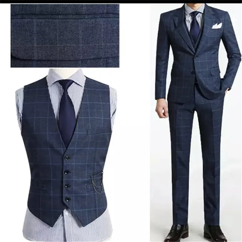 Синий клетчатый мужской костюм для свадьбы из 3 предметов(куртка+ брюки+ жилет+ галстук), выпускной TERNO для жениха Masculino Trajes De Hombre Блейзер 144