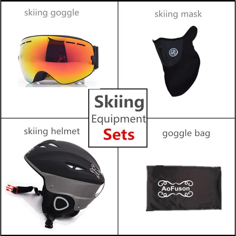 Лыжное снаряжение комплект шлем с Goggle безопасность цельно формованные размера плюс бархатный шлем двухслойные противотуманные очки - Цвет: Black Frame Red Lens