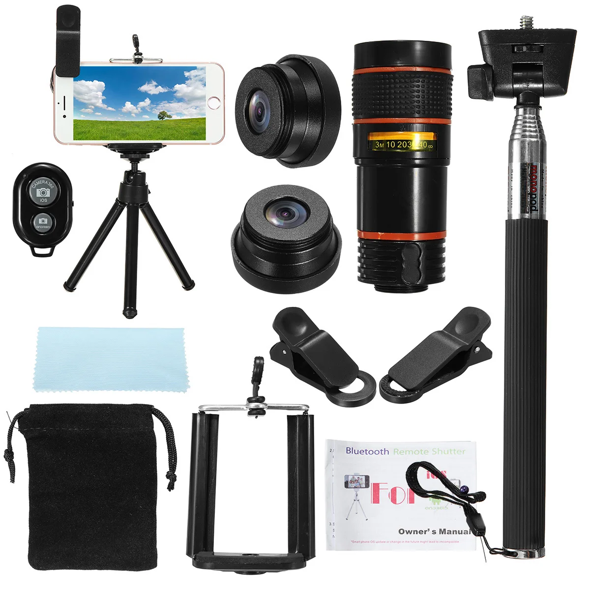 

All in 1 Mobile Phone Camera Lens Telescope Universal Selfie Stick 8x Zoom Telescope Tripod Fisheye Lens Monopod for Travel Kit